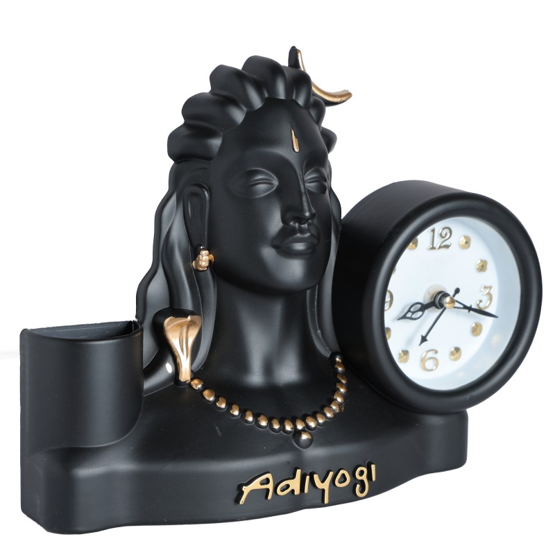 Skarsh Adiyogi Siva Statue with Table top Clock with Pen Stand (Black Color)