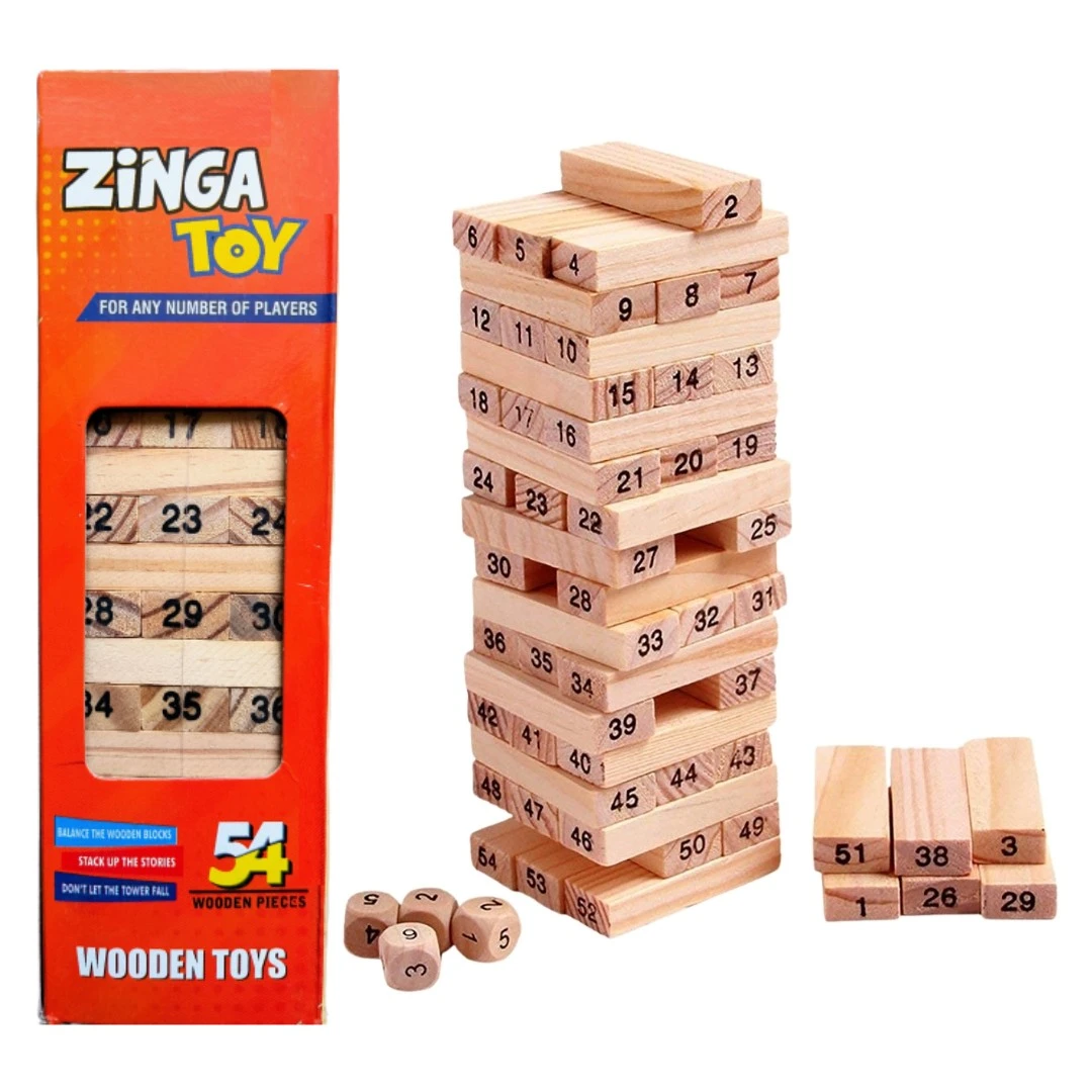 Luvis Grace Wooden Blocks for Kids 54 Pcs 4 Dice Building Blocks Game Challenging Wooden Tumbling Tower, Stacking Toys with Dices Board Educational Puzzle Game for Adults and Kids