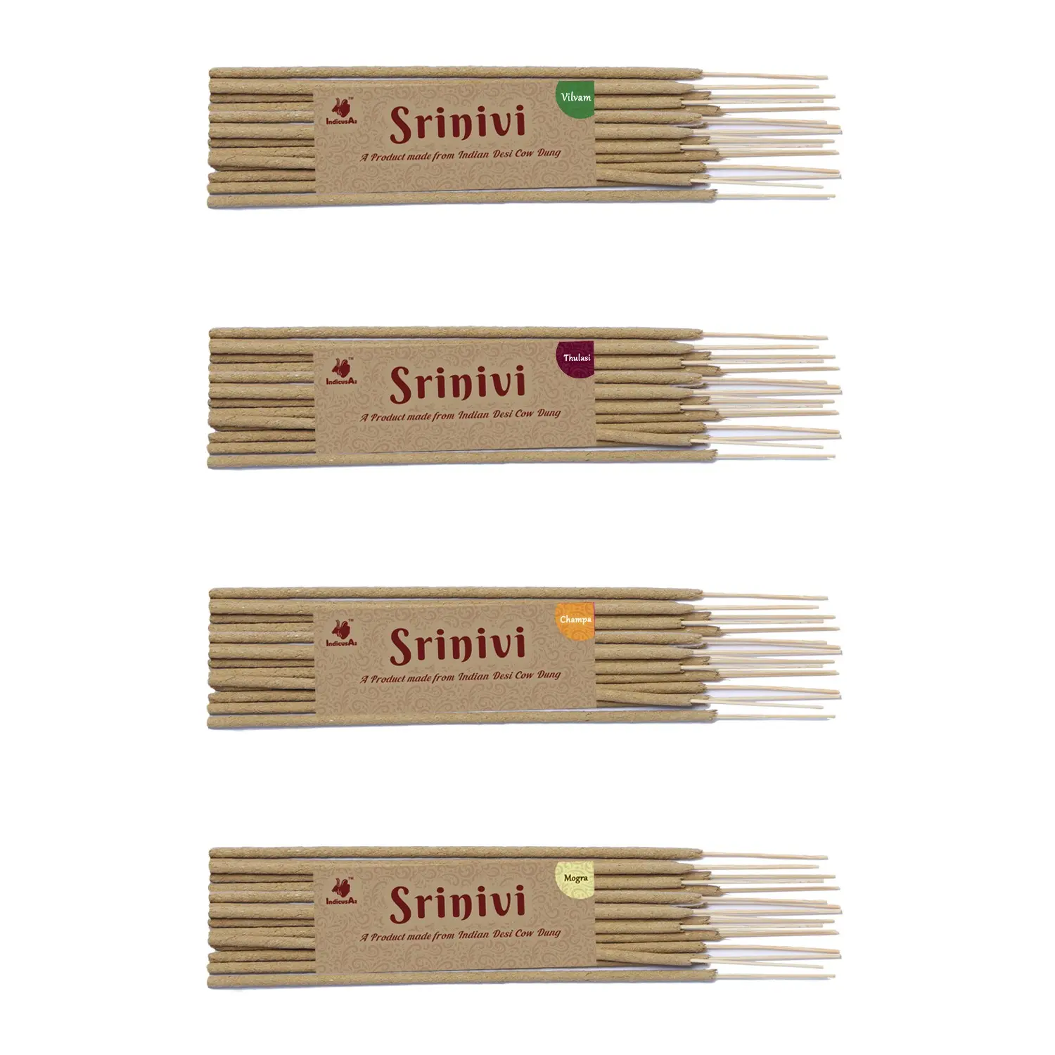 Srinivi Agarbattis - Made up of desi cow dung|Pack of 4|Each pack consists of 18 sticks|Fragrance -Vilvam, Champa, Mogra, Thulasi.