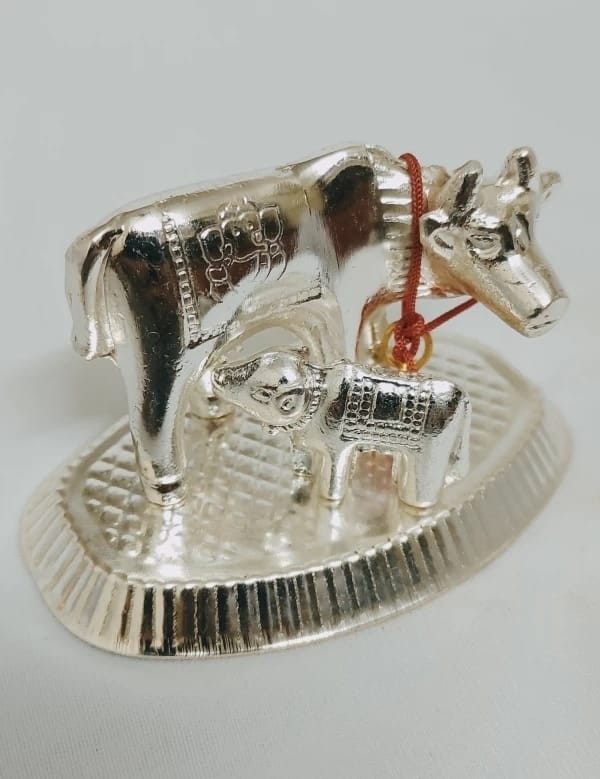 Samukkaras German Silver Gomatha Statue / Cow and Calf Statue for Pooja Room Decorative Showpiece - 9.5 cm  (Silver)