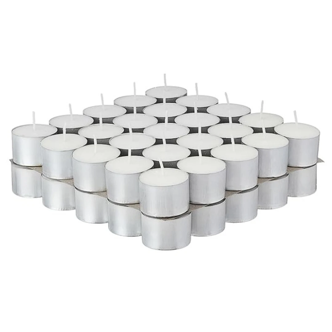 Luvis Grace Pack of 50 Premium Tealight White Candles for Decoration | 6 Hours Long Burning Smokeless Candles for Home, Parties & Festivals | Unscented Wax Candle Set | No Residue