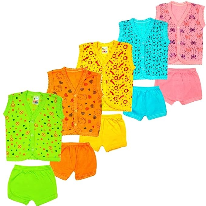 New Born Baby Boy & Girls Stylish Trendy Top/T-Shirt and Shorts Dress set with front button open Pack of 5pc set (0-6 Months)(Multicolor, Multi-design)