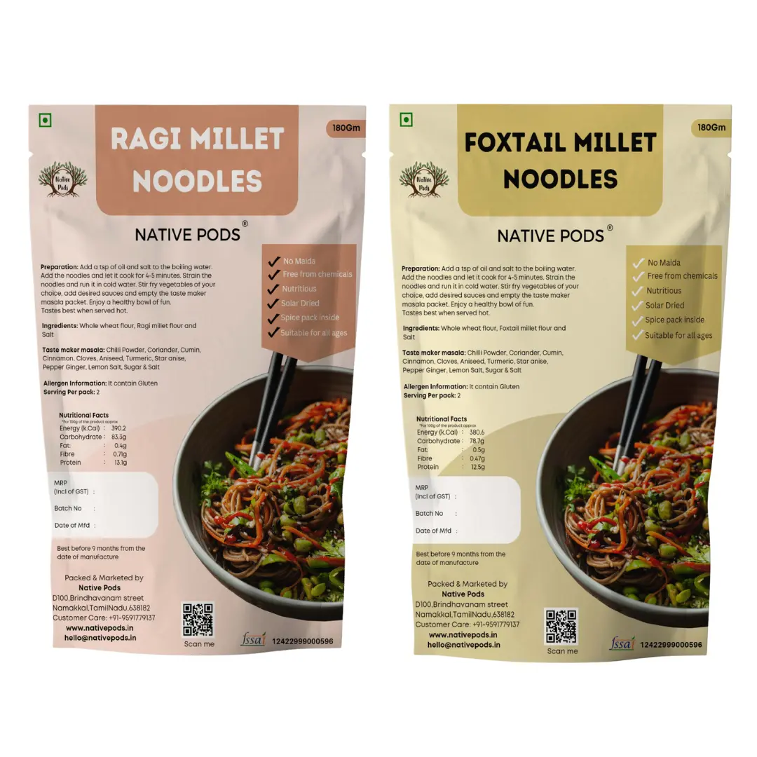 Native Pods ragi  & Foxtail Millet Noodles - No Maida,No Preservative -Includes Masala -180Gm (Pack of 2)