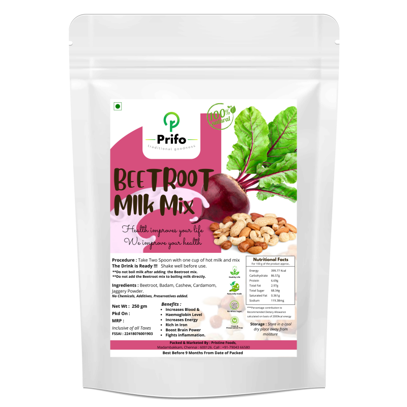 Prifo Beetroot Milk Mix - Added delicious with Rich Dry Fruits Almonds and Cashews | Hot & Cold mix | Plant based high Fibre iron rich healthy protein drink | For Hemoglobin | Post Workout Stamina Boo