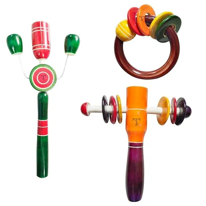 Nimalan's toys Colourful Wooden Baby Rattle Toy - Hand Crafted Rattle Set for Kids - Musical Toy for Newly Born - Wooden Ring Teether for New Born Babies - Baby Teethers(pack of 3)Tik big, egg rattle,