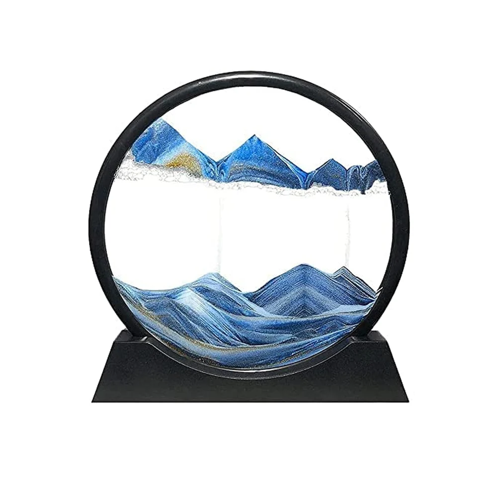 Moving Sand Art Picture Decor, 3D Deep Sea Sandscape Liquid Motion, Round Glass Frame Display Flowing Sand Relaxing Gift for Kids Adults Painting Artistic Sandscape for Home, Office, Ornament Desktop