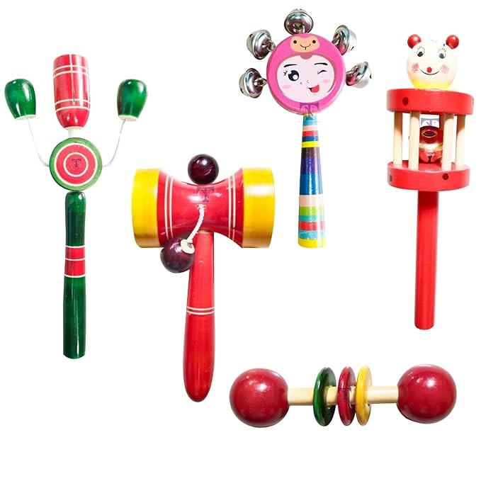Nimalan's T oys Colourful Wooden Baby Rattle Toy - Hand Crafted Rattle Set for Kids - Musical Toy for Newly Born - Pack of 5(cage,face,dumurga,TIK S,teether spl)
