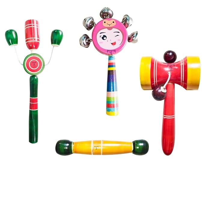 Nimalan's Toys Musical Toy for Newly Born – Wooden Colorfull rattles with Babys teether (Pack of 4) TIK TIK Big, damaru Rattle, face Rattle, teether (Colour May Vary)