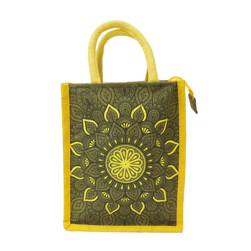 Aalam Vizhudhugal Jute Thambulam and Lunch Bag with Zip Closure in Yellow with Green Colour Rangoli Pattern