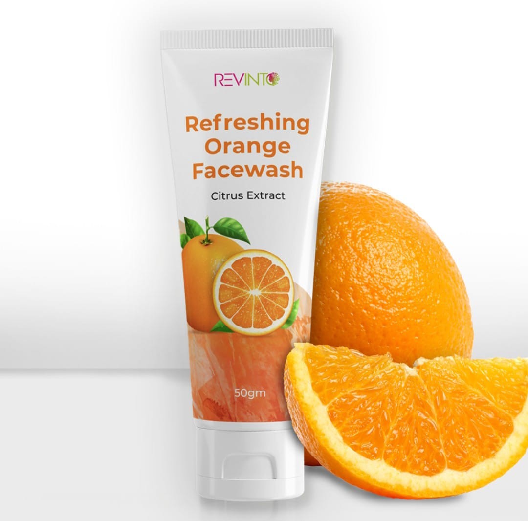 Revinto Refreshing Vitamin C Orange Face Wash | Brightening Face Cleanser | Tan Removal, Skin Lightening, Dirt Removal Formula, Healthy Glowing Skin | 50GM