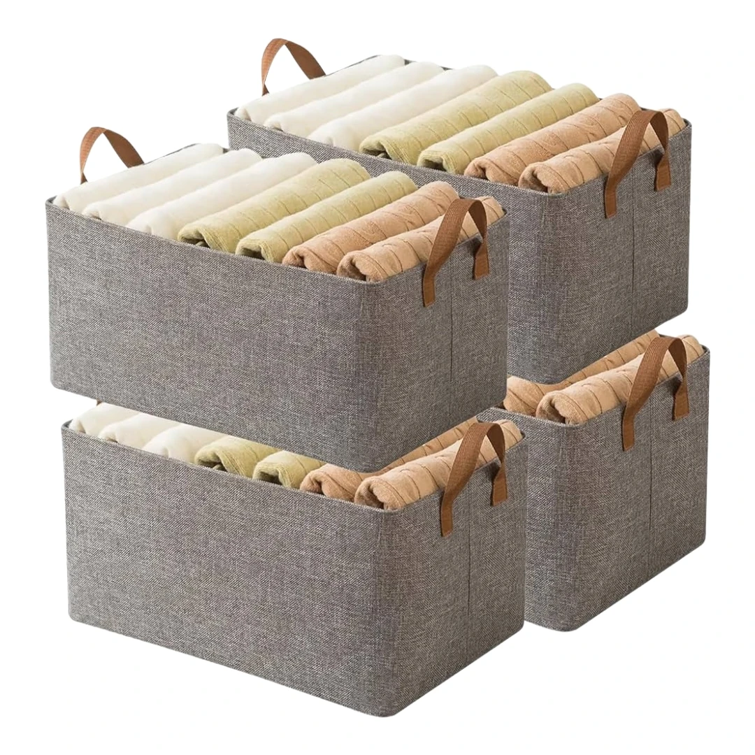 Luvis Grace Set of 4 Large & Premium Fabric Storage Cubes Organizer with Handles | Almirah/Wardrobe storage organizer | Foldable Storage Baskets for Organizing Clothes, Toys, Shelves, Closet | Grey