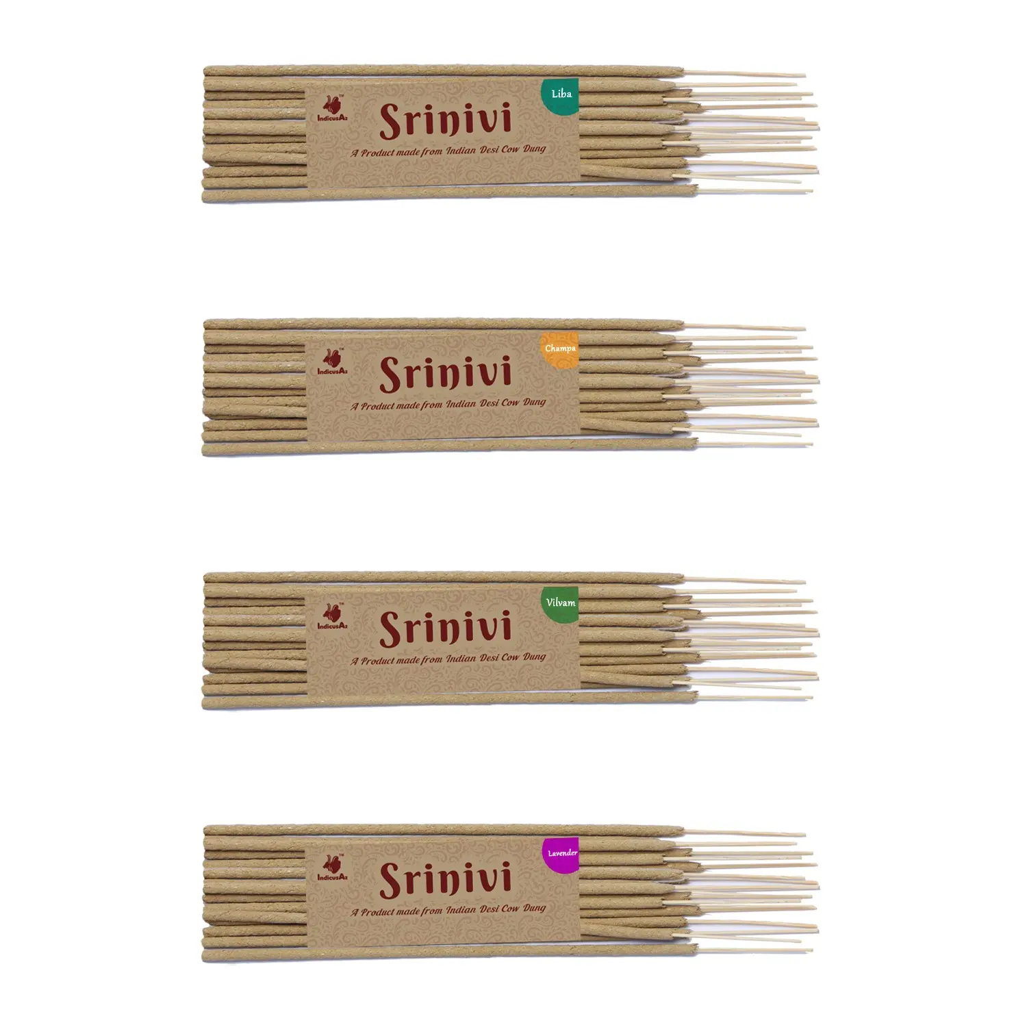 Srinivi Agarbattis - Made up of desi cow dung|Pack of 4|Each pack consists of 18 sticks|Fragrance – Liba, Champa, Vilvam, Lavender.