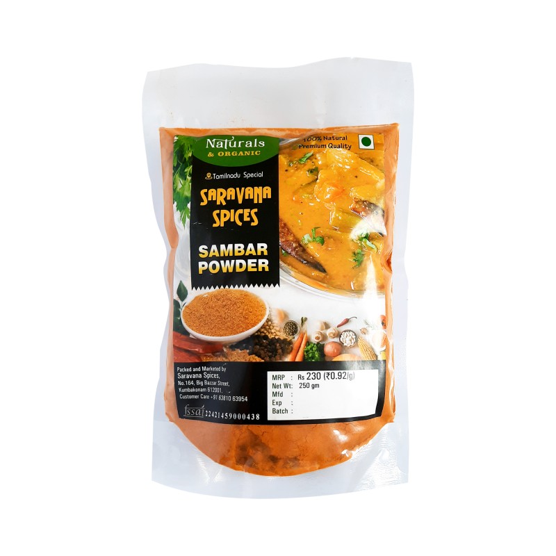 Saravana Spices Sambar Powder 250 gm - Homemade Authentic South Indian Masala Blend | No Added Preservative | Pure, Fresh and Bursting with Flavor