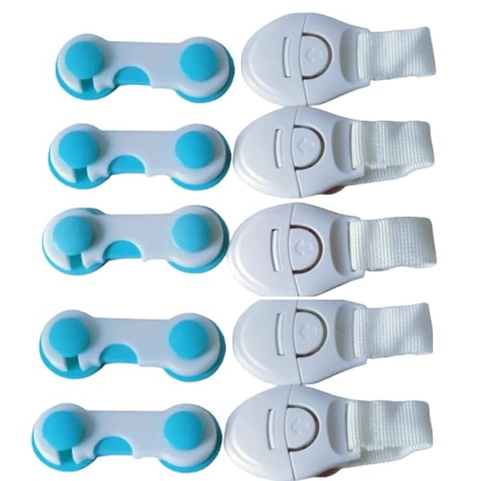 Baby/Child Safety Locks,/Latches for Drawer, Cupboard, Refrigerator, Doors, Microwave Oven, Toilet lid, etc, Dual Adhesive Tape, Child Proof Magnetic Cabinet Locks Plastic, Nylon- 10 Pieces.