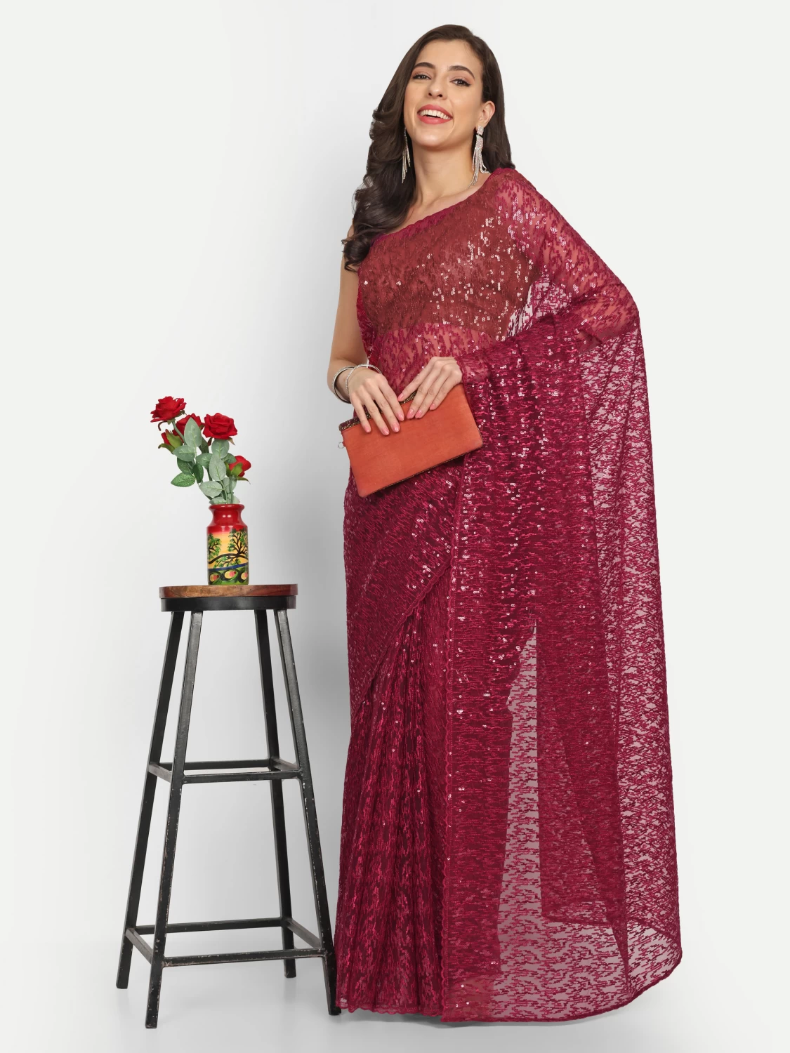 Maroon Net Saree | Heavy Embroidered Designer Saree