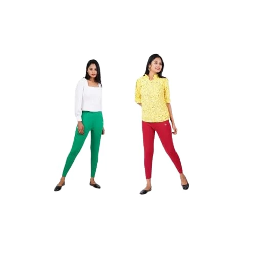 AULIKA Women's Bio-Wash Leggings, Made with 95% Cotton and 5% Spandex for Comfort, Flexibility, and Durability-Pack of 2 | Apple Green::Red