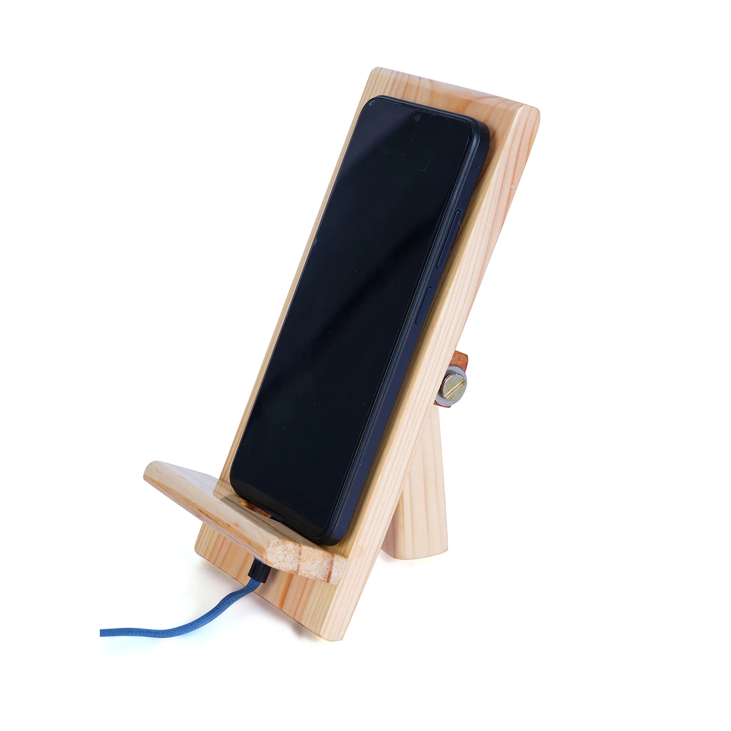 Wooden Adjustable Mobile Stand for Table - Universal Cell Phone & Tablet Stand - Mobile Holder with Plug Socket - Wooden Cradle for All Devices - Adaptable Multi-Angle Desk Stand