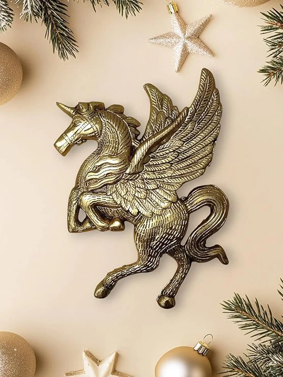 AREMBI-Decorative Metal Flying Horse Wall Hanging, Vintage Style Winged Unicorn Sculpture, Gold Finish