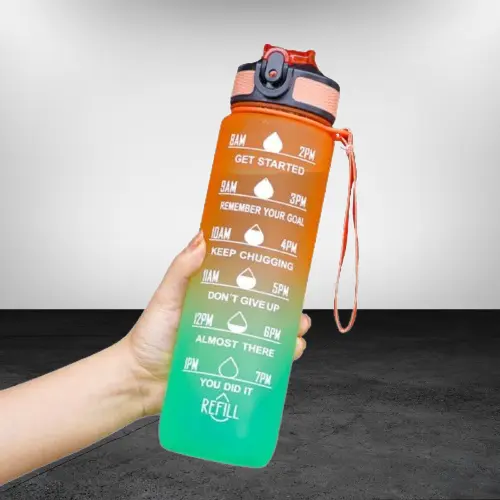 Sporty Sip 32 OZ Motivational Water Bottle with Straw, Strap & Time Marker, Orange-Green