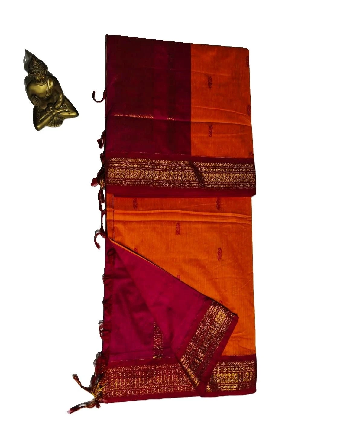 100% Pure Kalyani Cotton Saree, Orange with Pink Pallu, Traditional Butta Design, Zari Border.