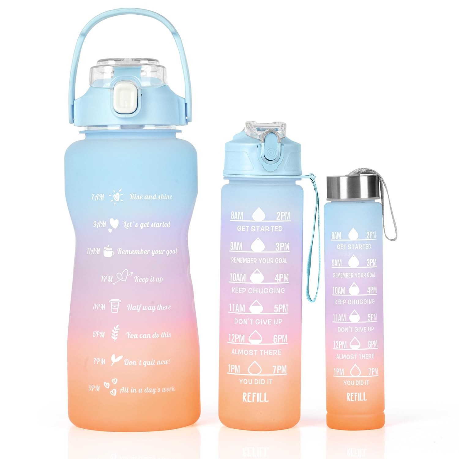 Water Bottle - 3 Pcs 2L, 900ml & 300ml Light-weight, Leak-proof, BPA-free Motivational Water Bottle Sipper, Time Marker & Mobile Holder for Online Gym Classes,Kids,Adults Office