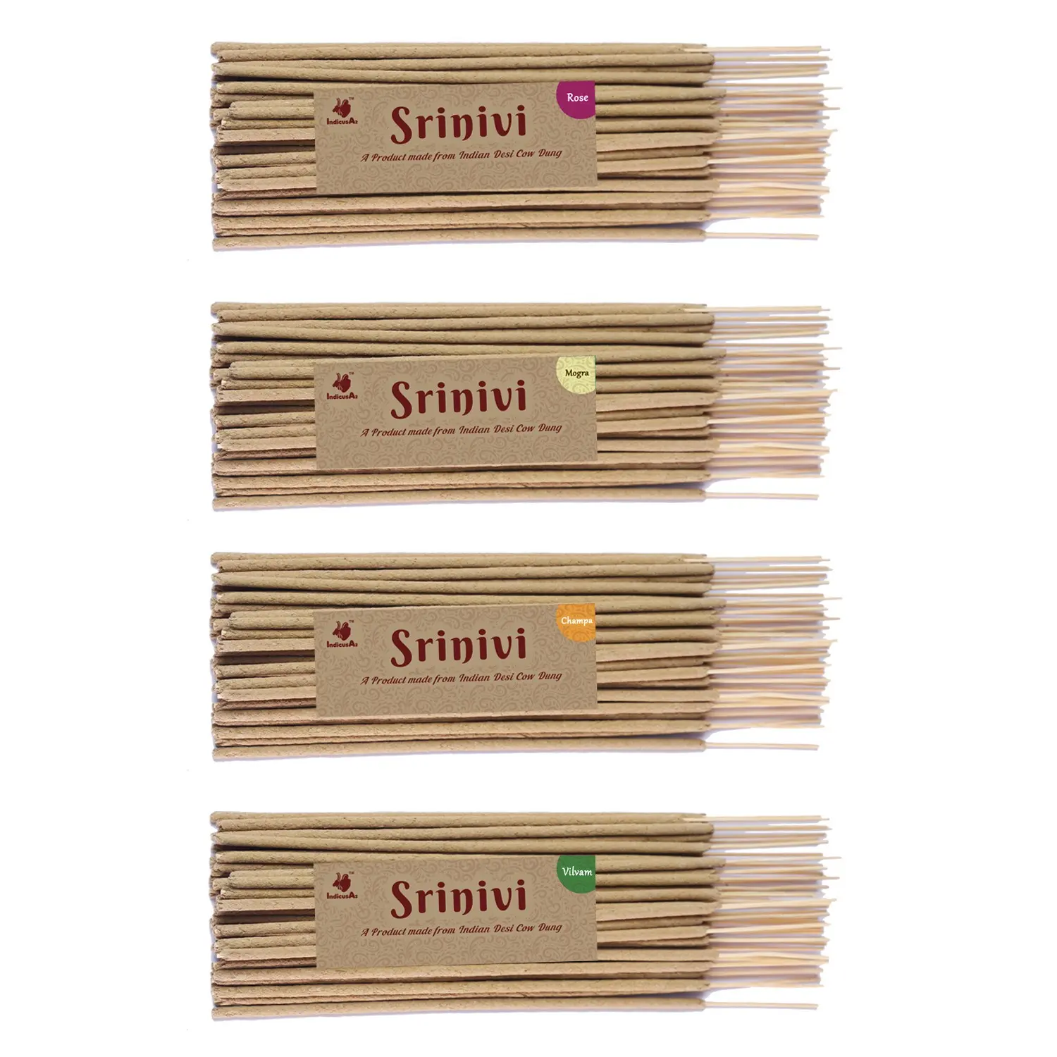 Srinivi Agarbattis - Made up of desi cow dung|Pack of 4|Each pack consists of 35 sticks|Fragrance – Rose, Mogra, Champa, Vilvam.