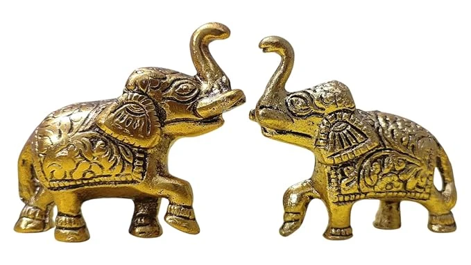Gold Plated Elephant Figurine with Upward Trunk, Decorative Metal Showpiece for Home, set of 2