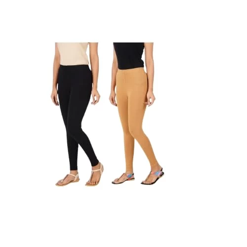 AULIKA Women's Bio-Wash Leggings, Made with 95% Cotton and 5% Spandex for Comfort, Flexibility, and Durability-Pack of 2 |  Black::Dark Skin