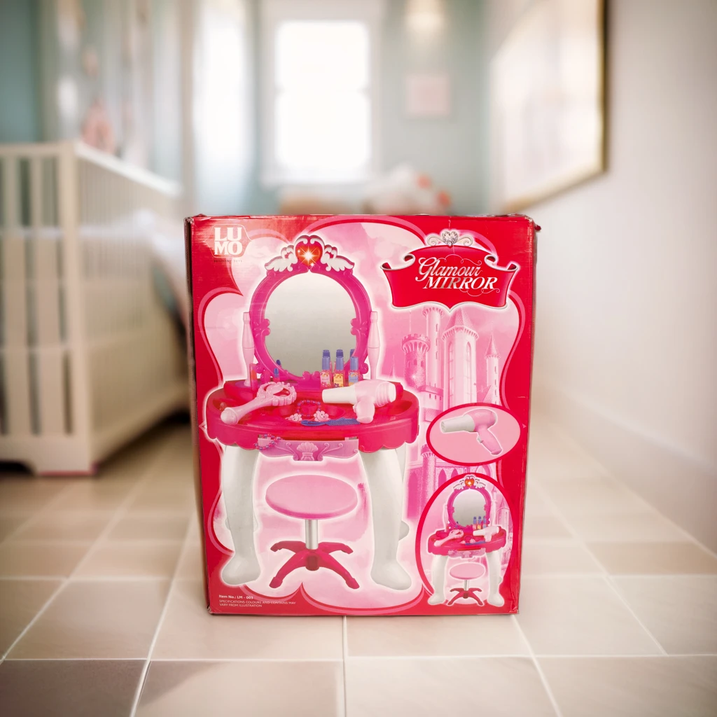 ILEARNNGROW Mirror& Makeup Table for Kids Girls , Beauty Set, Girls Pretend Cosmetic Box, Makeup with Mirror Chair Set for Toddlers Kids Little Girls, Pink Makeup Kits Toys for 3, 4 and 5 Years