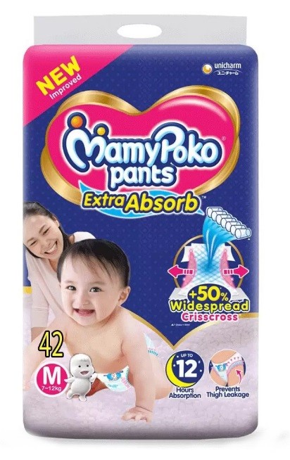 MamyPoko Pants Extra Absorb Baby Diapers, Medium (M), 42 Count, 7-12 kg