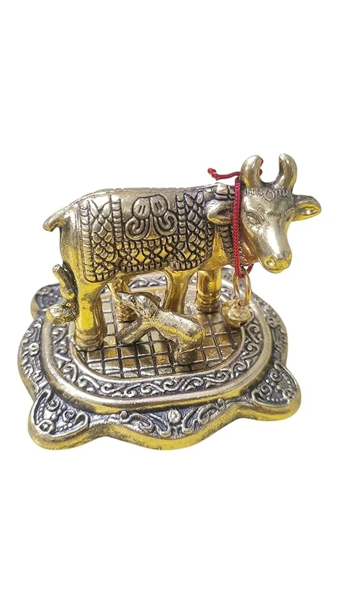 Kamdhenu Cow and Calf Metal Statue, Religious Idol, Good Luck-Kamdhenu Cow Idol- 7cm, Gold