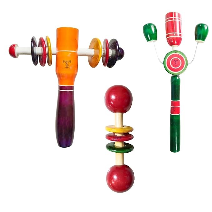 Nimalan's toys Colourful Wooden Baby Rattle Toy - Hand Crafted Rattle Set for Kids - Musical Toy for Newly Born - Wooden Teether for New Born Babies - Baby Teethers (pack of 3) Tik small, plate rattle
