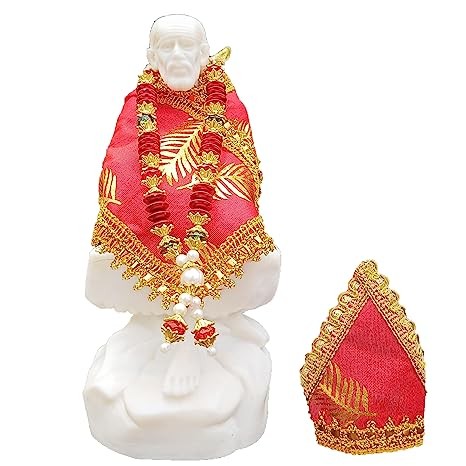 Shirdi Sai Baba White Decor Idol Statue (Red Color Dress,Fancy Garland,Red Color Pagdi) 7 inch