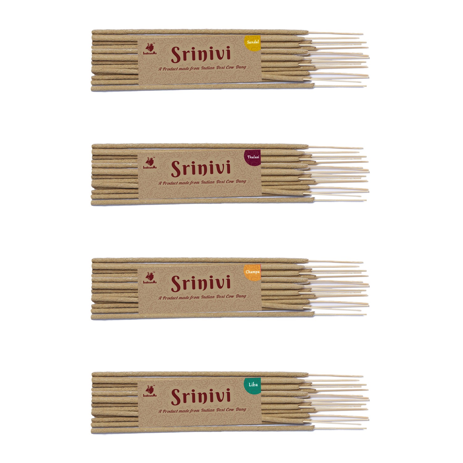 Srinivi Agarbattis - Made up of desi cow dung|Pack of 4|Each pack consists of 18 sticks|Fragrance – Sandal, Thulasi, Champa, Mogra.