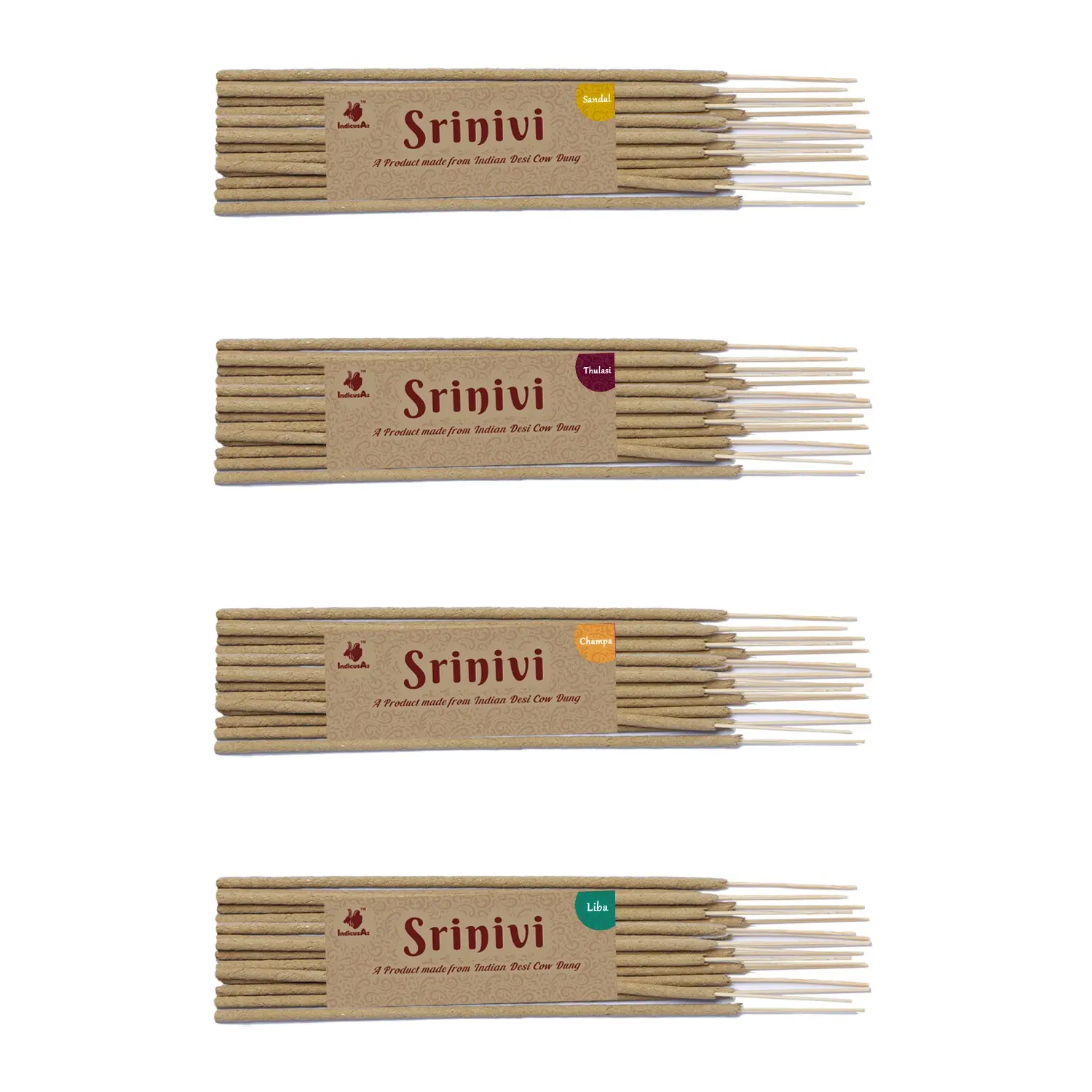 Srinivi Agarbattis - Made up of desi cow dung|Pack of 4|Each pack consists of 18 sticks|Fragrance – Sandal, Thulasi, Champa, Mogra.