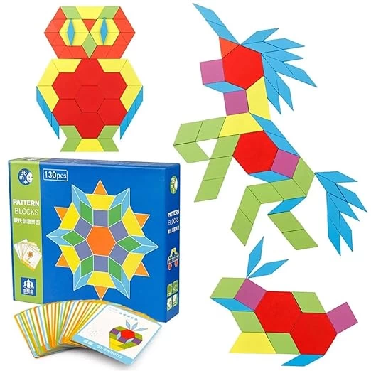 130 Pcs Wooden Pattern Blocks – Geometric Shape Wooden Blocks with 24 Design Flash Cards for Kids