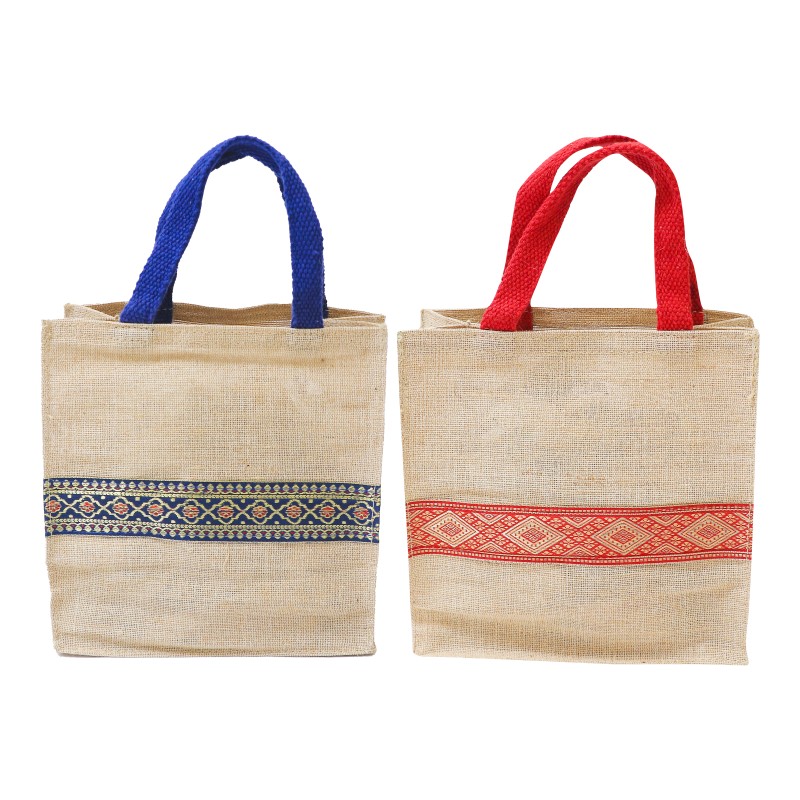 Aalam Vizhudhugal Eco-Friendly Juco Gift /  Thambulam Bag with Reinforced Handles and Zari Pattern– Pack of 2