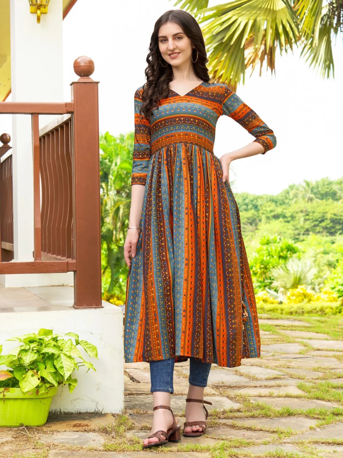 Women's Orange Rayon Geometric Printed Flared Kurta - Casual Wear, Comfortable, Stylish, Rayon Fabric