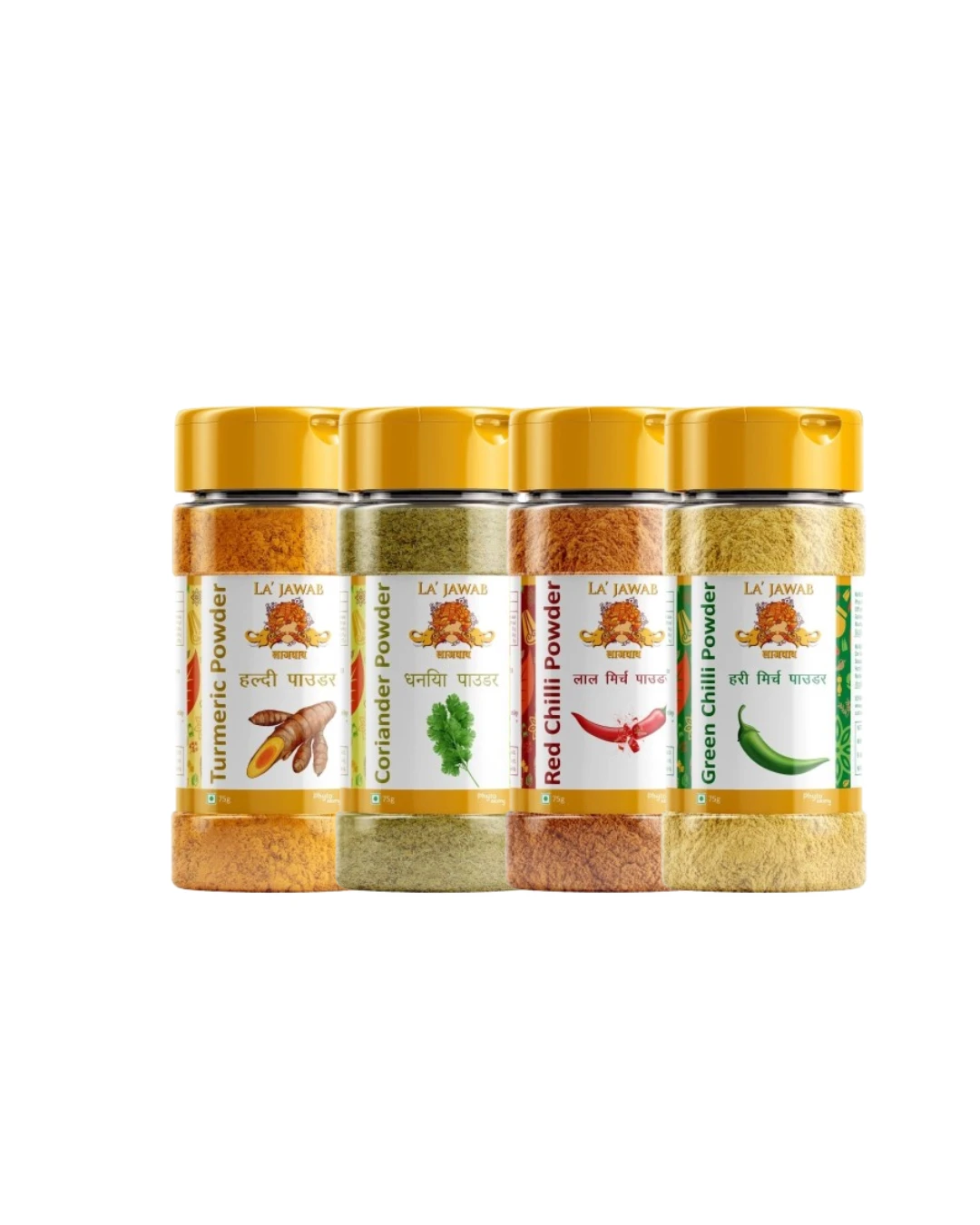 Lajawab Spice Combo - Turmeric, Coriander, Red & Green Chilli Powder - Natural Indian Spices