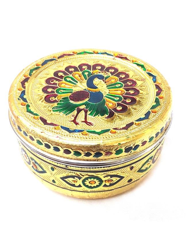 Decorative Golden with Enamel Painted Storage Stainless Steel Poori Box for Functions and Decorative Purpose and Return Gift/ Utility Container for Function Decoration