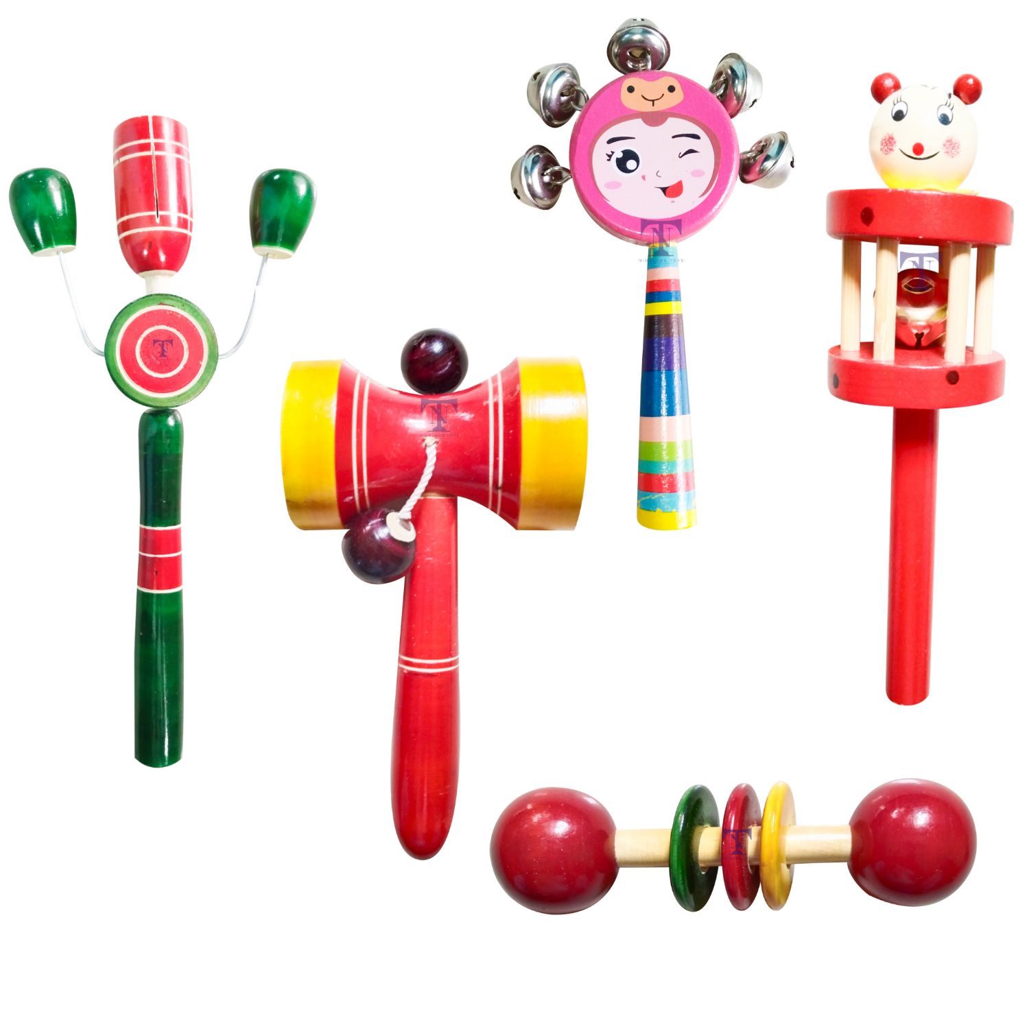 Nimalan's Toys Colourful Wooden Baby Rattle Toy - Hand Crafted Rattle Set for Kids - Musical Toy for Newly Born - Pack of 5(cage,face,dumurga,TIK S,teether spl)