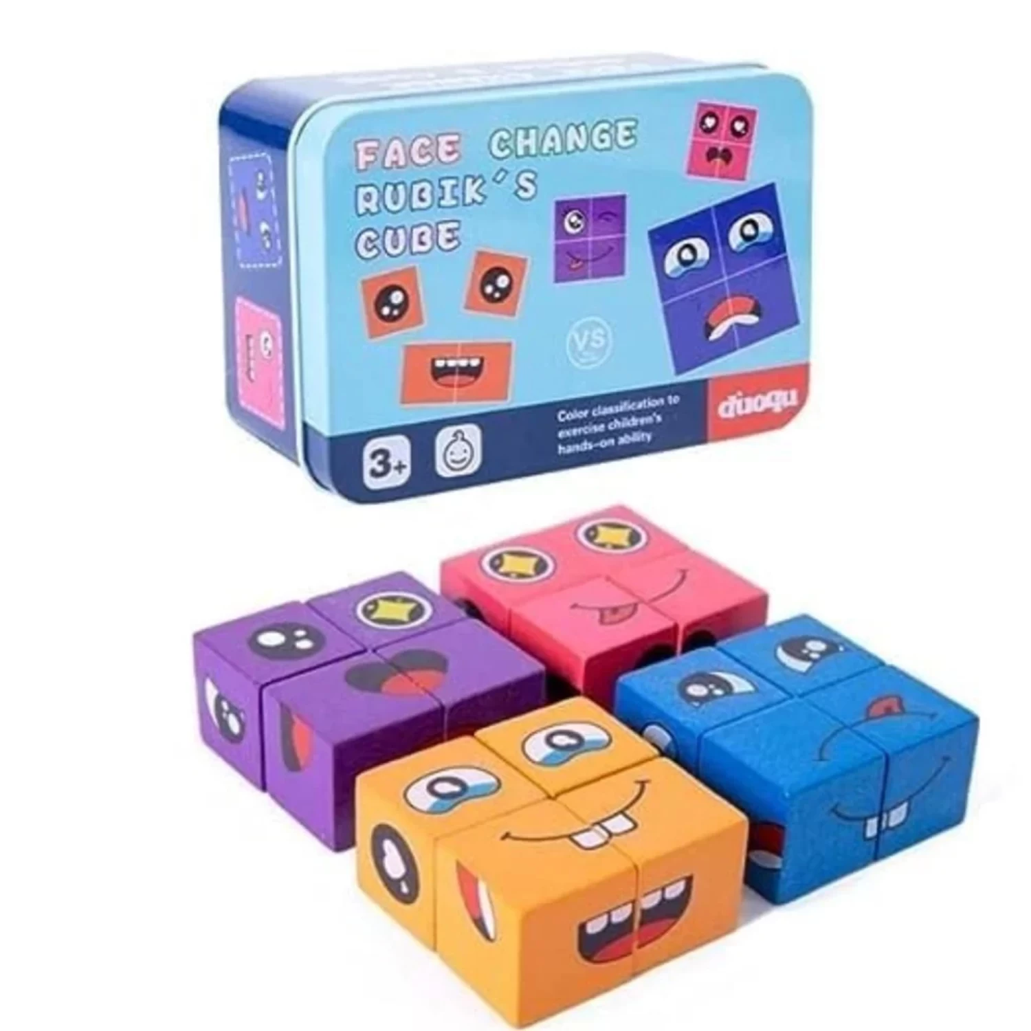 Rubix Cube Puzzle - Wooden Emoji Cube Face Changing Game for Kids Expressions Matching Block Puzzle Toy with Metal Box