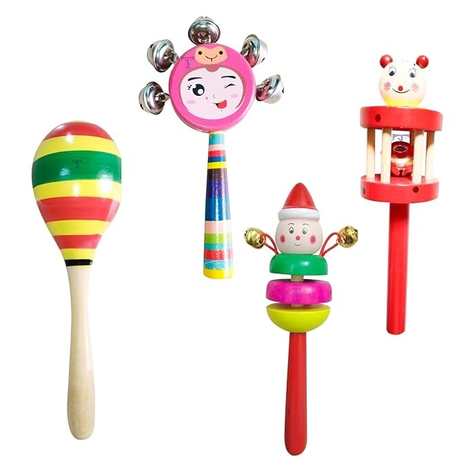 Nimalan's Toys Colourful Wooden Baby Rattle Toy - Hand Crafted Rattle Set for Kids - Musical Toy for Newly Born (Pack of 4) cage, 2 Bell, face, Egg Rattle