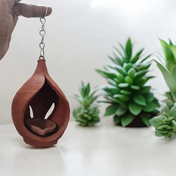 AREMBI Terracotta Coconut Shell Hanging Diya, Traditional Festival Decor, Single Pack