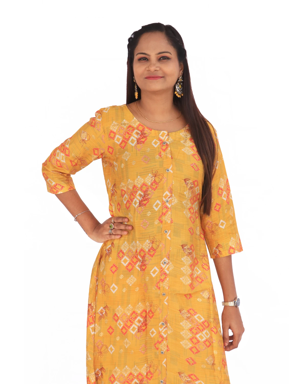 Yellow Vatican Button-Down Kurta – 3/4th Sleeves, Round Neck, Perfect for Festive Season & Girls’ Outings