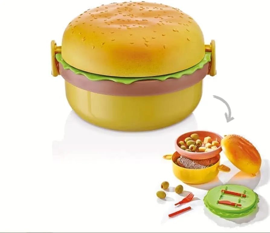 Burger Shape Lunch Box for Kids - School Tiffin Box for Boys & Girls, Leak Proof Plastic Snacks Lunch Box with 3 Layer 4 (Round)