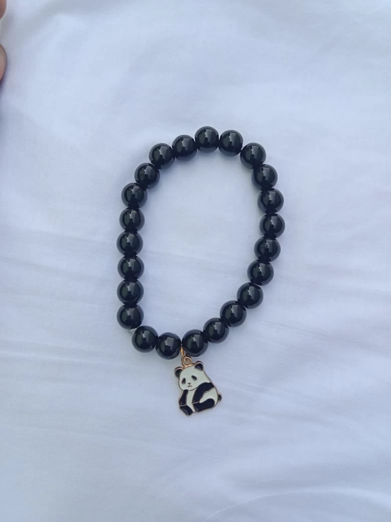 Black Crystal Bracelet | Adjustable Elastic Bracelet with Panda Charms