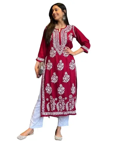 Mbest Boutique Women's Cotton Chikankari Work Kurta with Pant Set Magenta