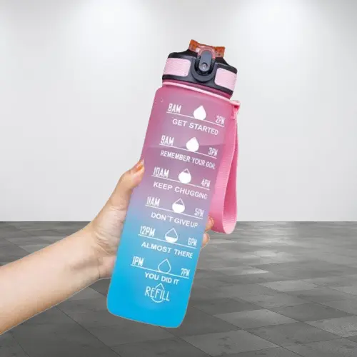 Sporty Sip 32 OZ Motivational Water Bottle with Straw, Strap & Time Marker, Pink-Blue