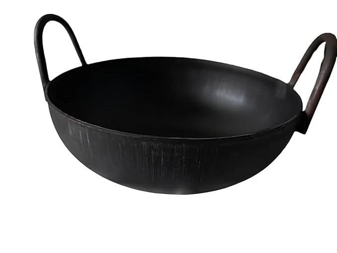 simsnura Household Iron Black Kadhai with Double Side Iron Handle Traditional Pure Iron Kadai Heavy Base Round Bottom Big Size (10 inches Dia)